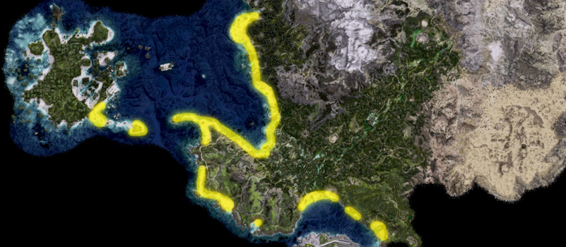 Forbidden West Map of geographic range of American Lobster west coast sandy beaches and Isle of Spires beaches highlighted