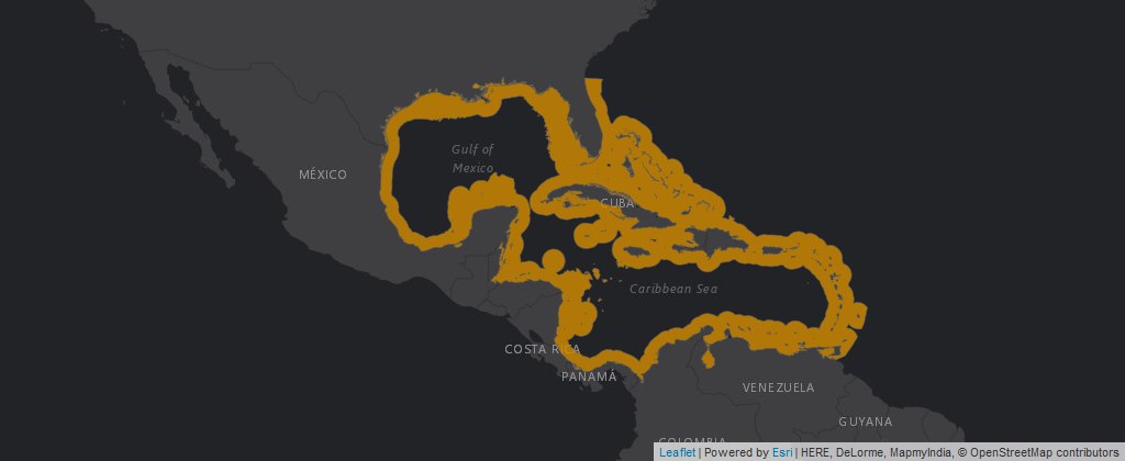 Map of geographic range of Blue Chromis with Gulf of Mexico and Carribean coastal regions highlighted