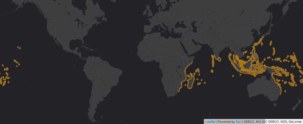 Map of geographic range of Regal Tang Indo-Pacific coastal regions highlighted