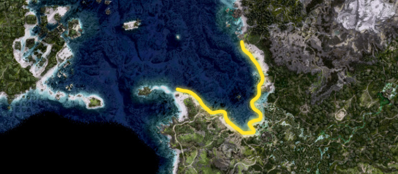 Forbidden West Map of geographic range of Regal Tang coast of Thornmarsh Raintrance Region highlighted