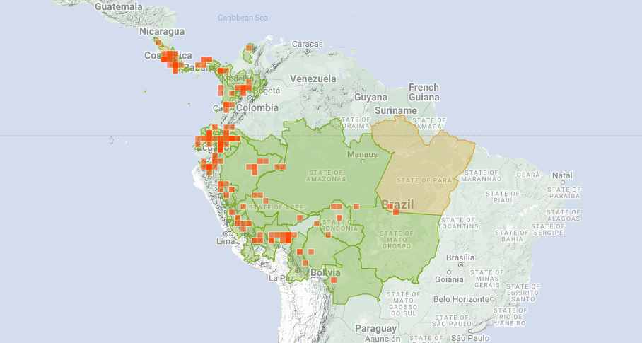 Map of geographic range of Glossy Daggerwing reported sightings in countries Costa Rica Nicaragua Colombia Brazil Bolivia Peru Venezuela Ecuador