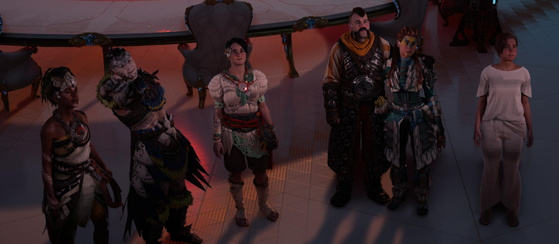 Forbidden West screenshot of Zo, Kotallo, Alva, Erend, Aloy, and Beta standing shoulder to shoulder